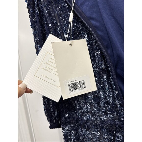 Mac Duggal Size 14 Navy Blue 5578 Sequined Short Sleeve Cocktail Evening Dress - Picture 10 of 11